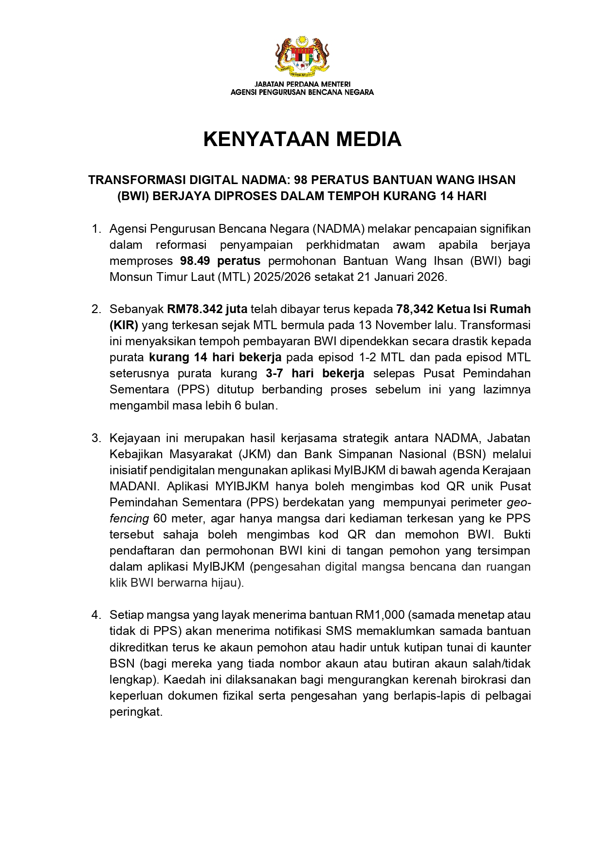 TRANSFORMASI DIGITAL NADMA: 98 PERATUS BANTUAN WANG IHSAN (BWI) BERJAYA DIPROSES DALAM TEMPOH KURANG 14 HARI